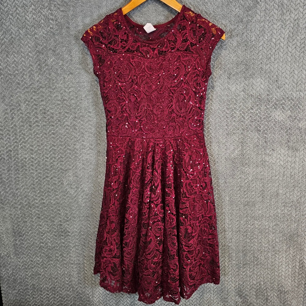 Just Kids Girls Burgundy Floral Lace Sequin Fit & Flare Dress Size 14 2102